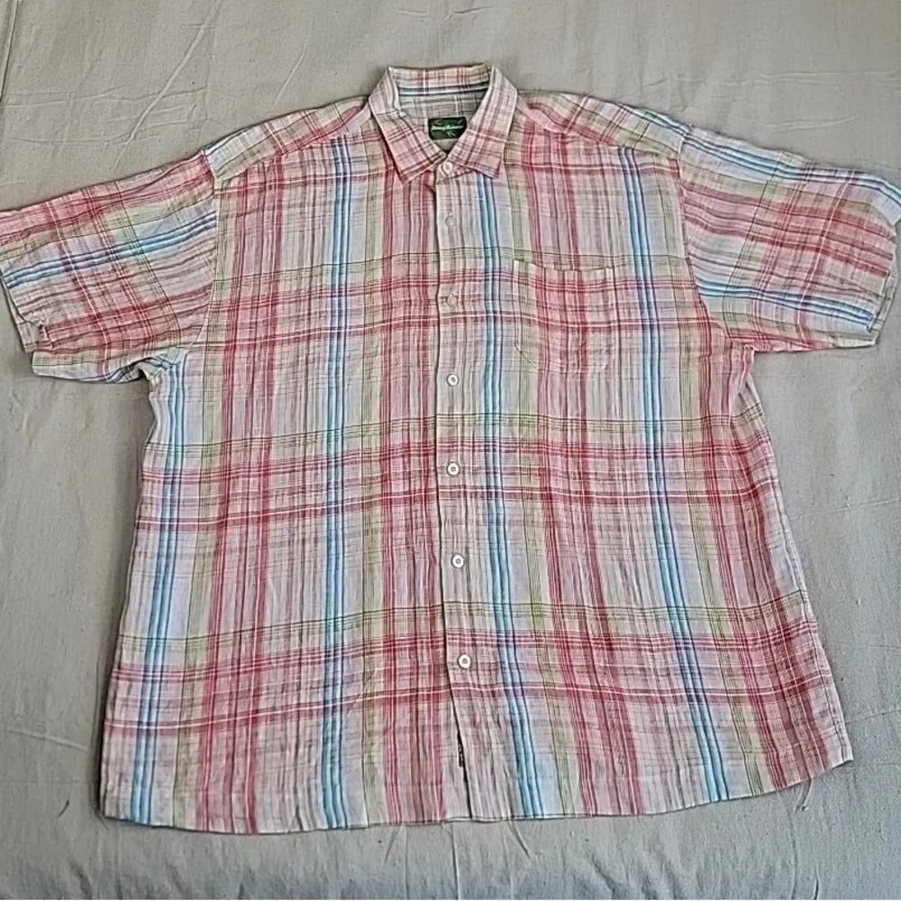 Tommy Bahama Shirt Mens 2XL Red Plaid Short Sleeve Button Down Textured Relaxed